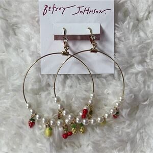 Betsey Johnson Womens Fruit Charm Hoop Earrings Gold Tone Pearl Accent Hoops NEW